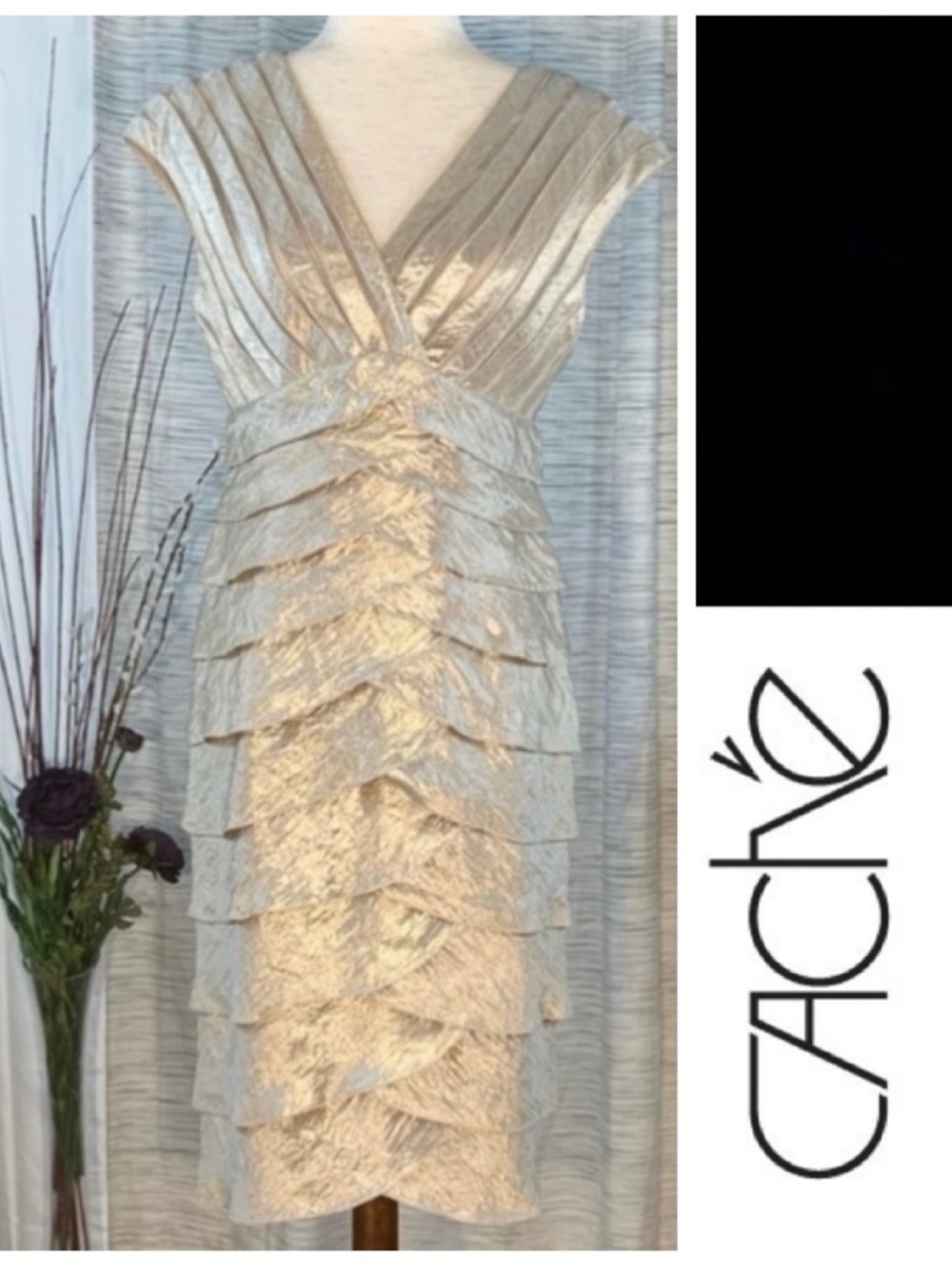 Cache shimmering champagne sleeveless shuttered party dress.